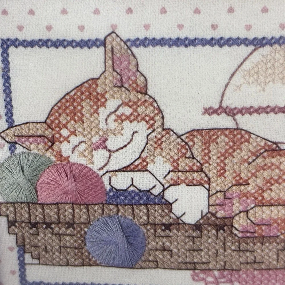 Vintage 1990 Dimensions Cozy Catnap Stamped Cross Stitch Kit Cat Yarn 6586 NOS
